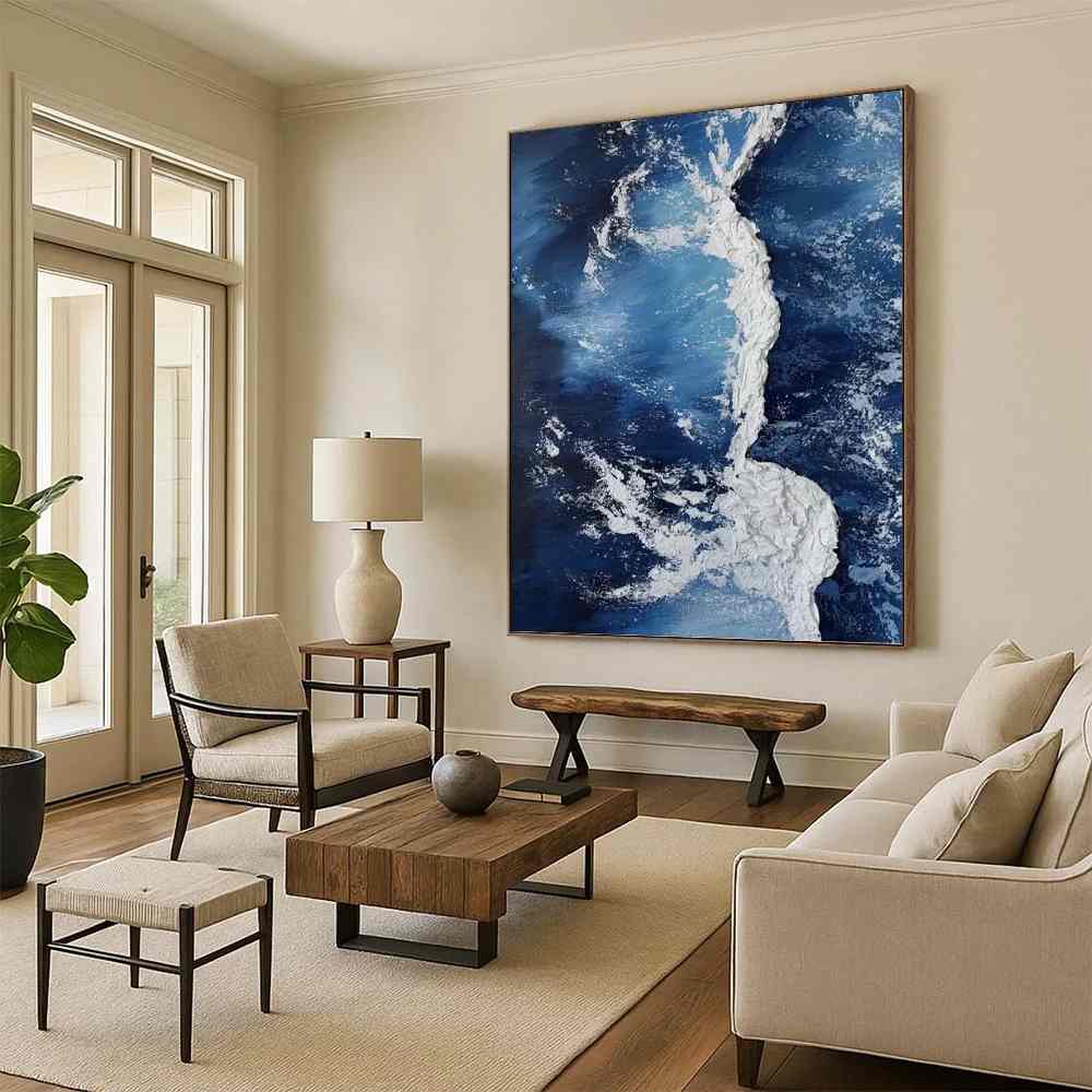 Oceanic Original Coastal Blue Abstract Canvas Artwork 8X5KI